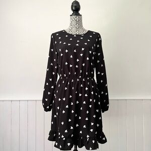 Joe Fresh Dove Print Ruffle Skirt Keyhole Back Long Sleeve Dress Size S